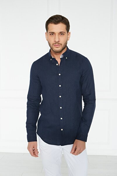 Paşahan Giorgianni Collar Button Garnished Linen Slim Fit Shirt