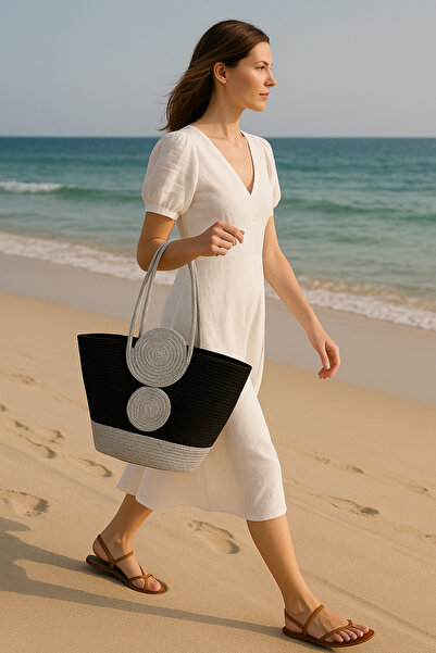 KAAN HOME Kaan Home Gray Black Self-Cord Strap Natural Looking Vegan Beach Bag or Daily Bag