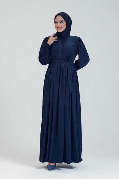 Bym Fashion Dress with Elastic Sleeves and Button Detail on the Front 6040 Navy Blue