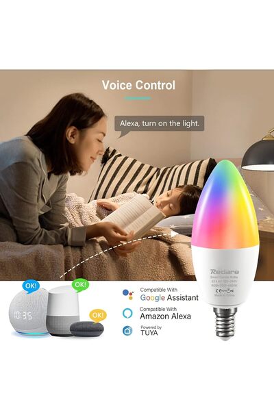 Generic لمبات شموع ذكية من ريدير أليكسا E14، مصابيح ذكية C37 قابلة للتعتيم مزودة بخاصية واي فاي، 500 لومن، 5 وات، استبدال 60 وات، لون أبيض