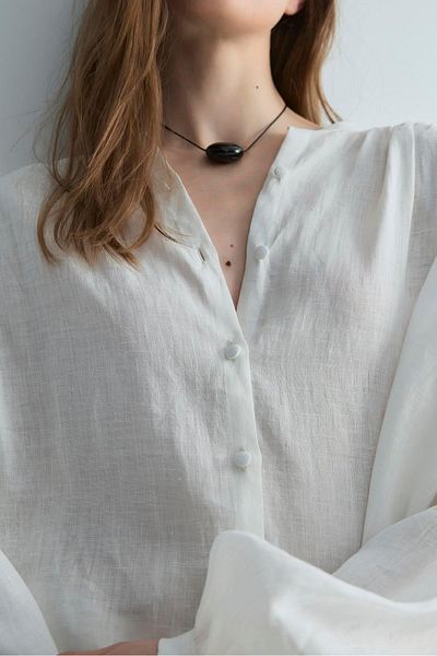 Suud Collection White 100% Linen Nour Drawstring Shirt
