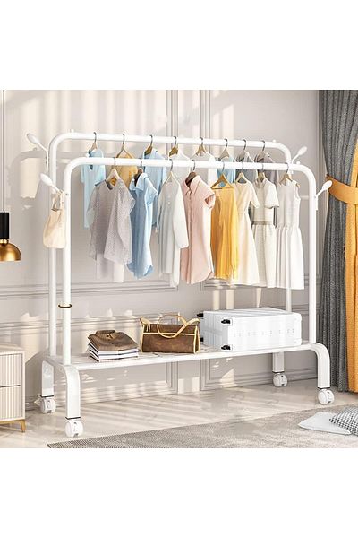 LIVVY Garment Rack with Wheels, Double Rod, Freestanding Clothes Organizer – White