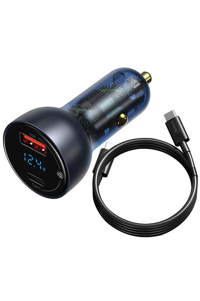 Baseus Particular Digital Display Qc Pps Car Charger, Dual, 65w, Usb-c Cable Included, Gray