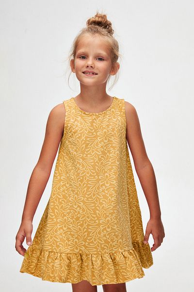 LOVETTI Mustard Leaf Pattern Girls' Ruffle Bell-Bottom Dress