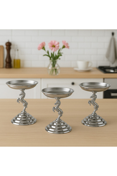 Fiyakalı Ürünler Atölyesi 3'lü Atlı Lokumluk, Çay Ve Kahve Yanı Sunumluk, Metal Şekerlik, Makaronluk