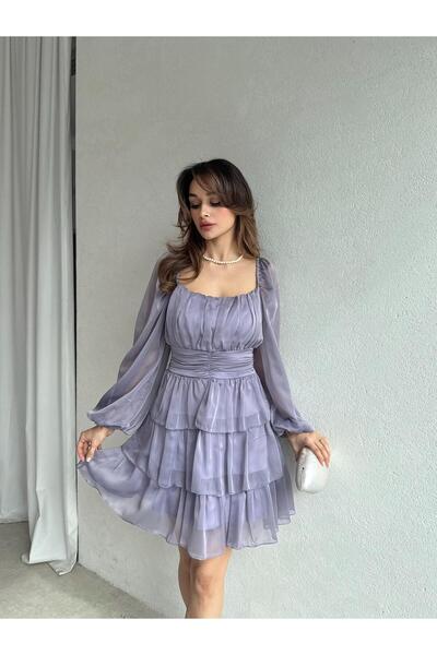 Mooi Butik Çerçeve Yakalı Midi ADANSON Elbise 2073 - Kırmızı