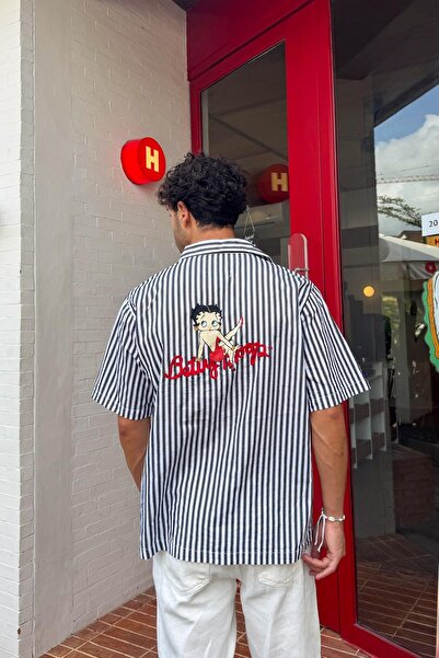 Flaw Wear Retro Embroidered Striped Black Short Sleeve Shirt