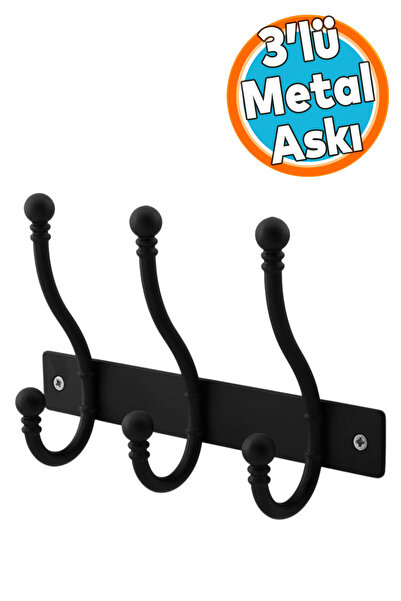 NZB Metal Siyah 3'lü Portmanto Vestiyer Duvar Monteli Dolap Askılığı Vidalı E...
