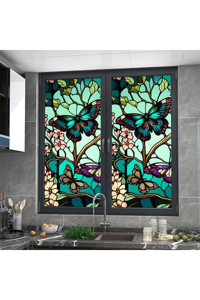 MaffStuff Window Film with Solar Protection and Privacy, Stained Glass Effect, Butterfly and Flower Pattern