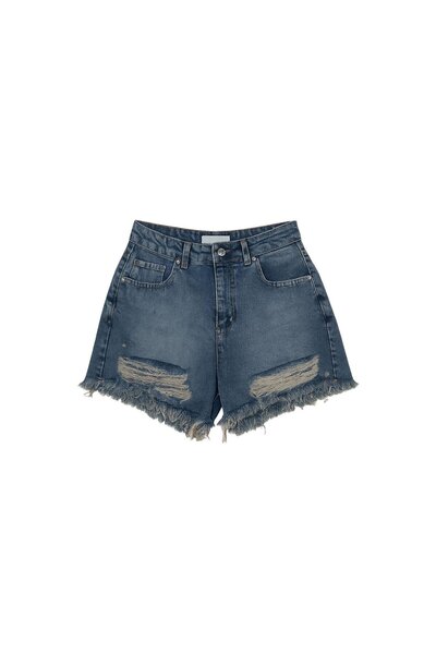 Sezgi Tekin Premium Seri Yırtık Detay Mavi Denim Şort