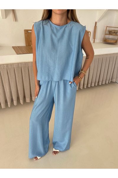 Ekim Store Seersucker Blouse Pants Set with Lace-Up Back