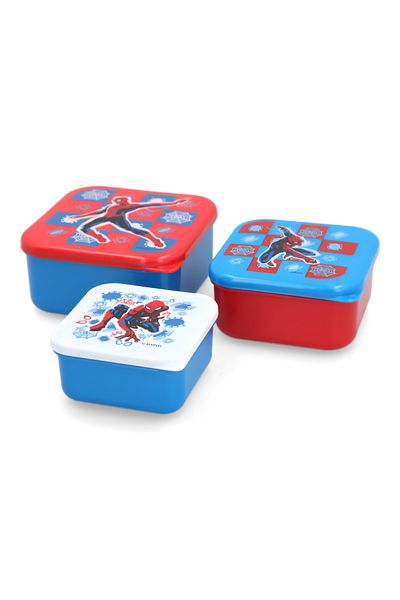 Stor 3-Piece Spiderman Themed Square Shaped Plastic Nesting Snack Box Set Blue and Red