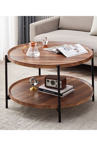 sharpdo Multifunctional Double-Layer Living Room Sofa Round Table Side Table, Walnut Color, Waterproof Pane