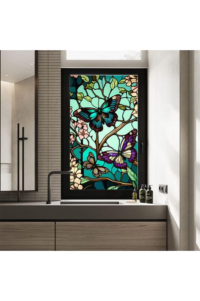 MaffStuff Window Film with Solar Protection and Privacy, Stained Glass Effect, Butterfly and Flower Pattern