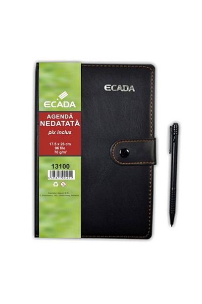 Ecada Notebook With Pen, 96 Sheets, 17.5x25 Cm, 70 Gsm, Closure Strap, Black