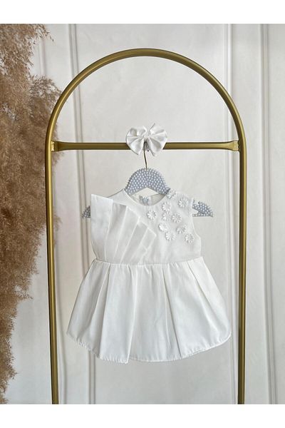 Hobidik Baby Girl Kids Off-White Crepe Fabric Pleat Detail Dress