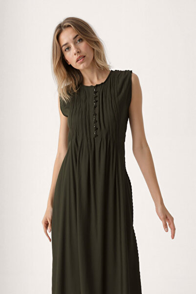 Vitrin Button Front Crinkle Fabric Zero Sleeve Dress