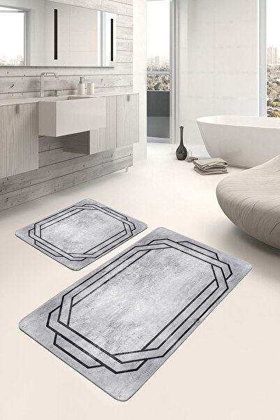 Realhomes طقم مكون من قطعتين باللون الرمادي - طقم سجادة حمام بتصميم هندسي عتي...