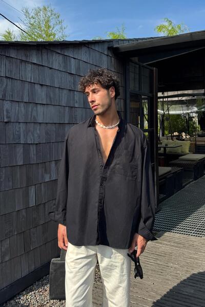 Flaw Wear Oversize Black Linen Shirt with Front Pocket