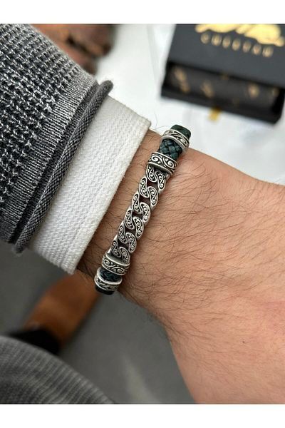 OSMANLI GÜMÜŞ Men's Dark Green Cord Silver Color Genuine Leather Bracelet