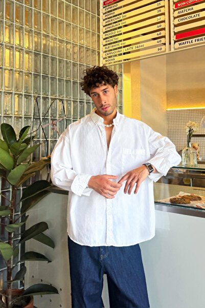 Flaw Wear Oversize White Linen Shirt with Front Pocket