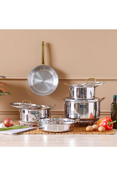 Danube Home Chef's Delight 9-Piece Triply Cookware Set with Gold Handle