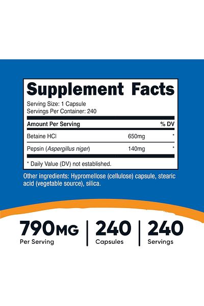 Nutricost Betaine HCl + Pepsin 790mg, 240 Capsules - Gluten Free & Non-GMO
