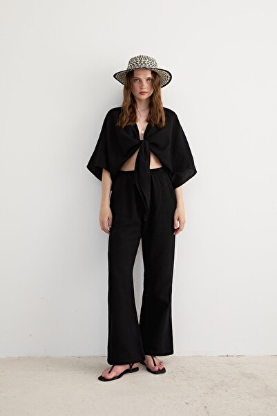 LEVURE Women's Muslin Tie Blouse Black