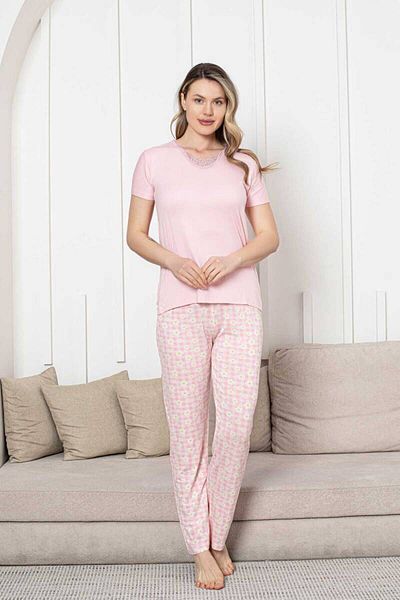 ALİMER Pajama Set - Pink Daisy Pattern Short Sleeve Lycra Viscose 2852Ky
