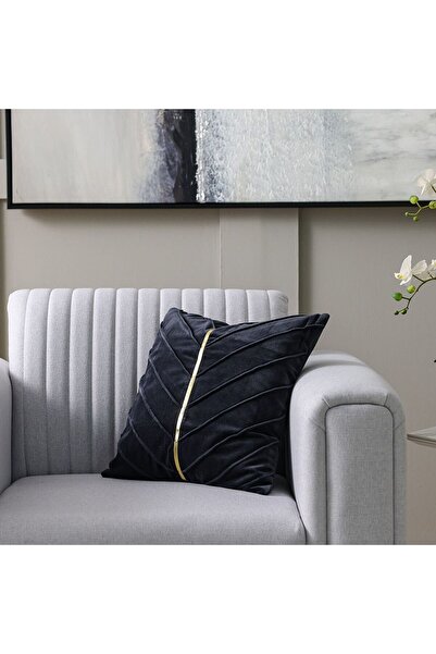 Danube Home Gleam Velvet Cushion with Golden Tape-Black-45x45cm|100% Cotton C...