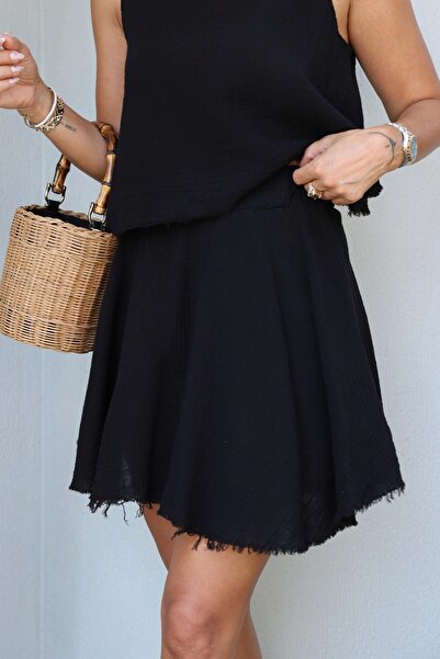 Purple by Banu Black Muslin Asymmetrical Blouse Shorts Skirt Set