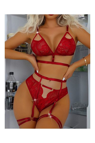OBRO 3-piece set of sexy erotic lingerie, made of lace, bra, garter belt and panties