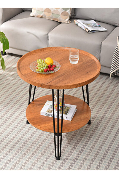 sharpdo Living Room Sofa Side Table Double Layer Small Coffee Table, Metal Frame, Brown Round Coffee Table