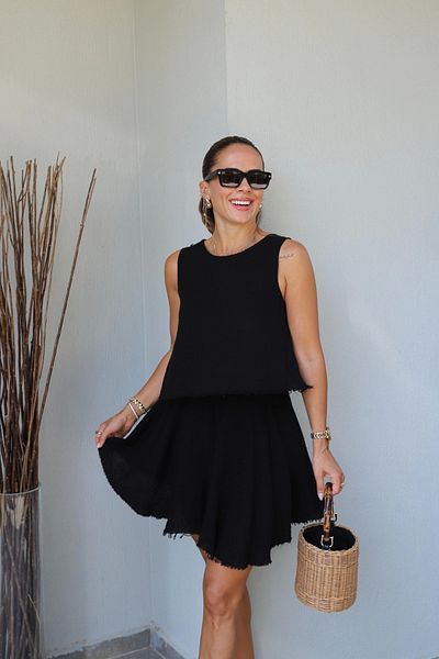 Purple by Banu Black Muslin Asymmetrical Blouse Shorts Skirt Set