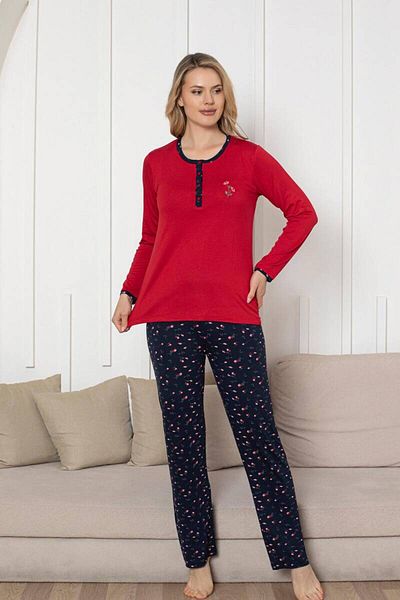 ALİMER Embroidered Women's Pajamas Set - Navy Rose Pattern Long Sleeve Lycra Rink Viscose 2861Uy