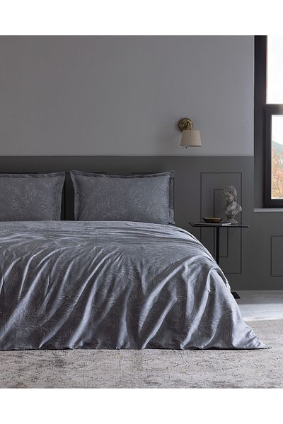 Madame Coco Vannes Single 100% Cotton Printed Satin Duvet Cover Set - Stone