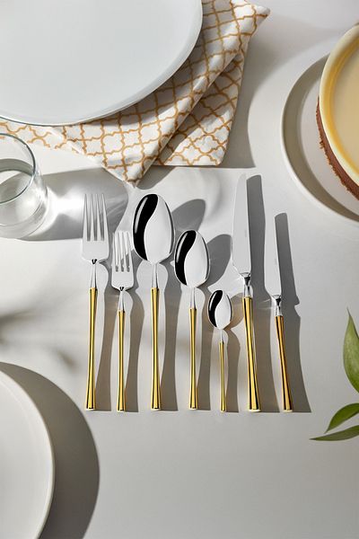 Nehir Marbella Gold Satin 12-Person 84-Piece Leather Cutlery Set