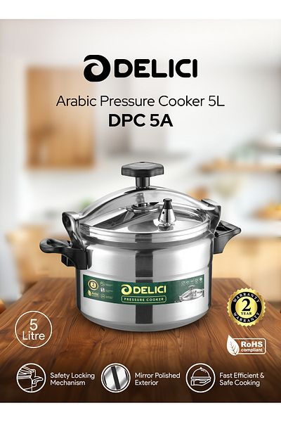 DELICI Aluminium Pressure Cooker 5L-DPC 5A-Fast&Safe Cooking Heat-Resistant Base,Safety Lock,2Year Warranty