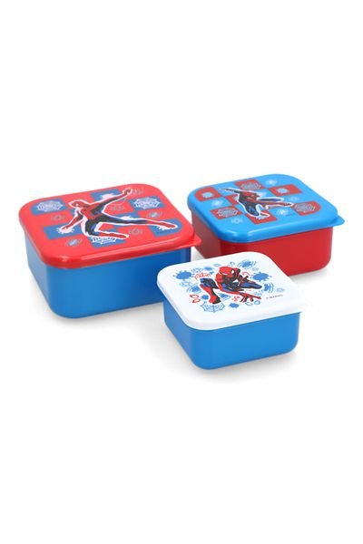 Stor 3-Piece Spiderman Themed Square Shaped Plastic Nesting Snack Box Set Blue and Red