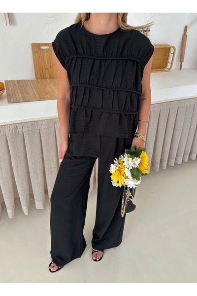 Ekim Store Biyeli Lastikli Bluz Pantolon Takım