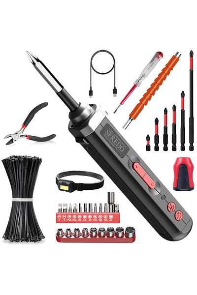 Seredo Seredo™ Electric Screwdriver with LED, 12 Heads, Pliers, Lamp, Magnetic Bits, Clamps, Extension Cord