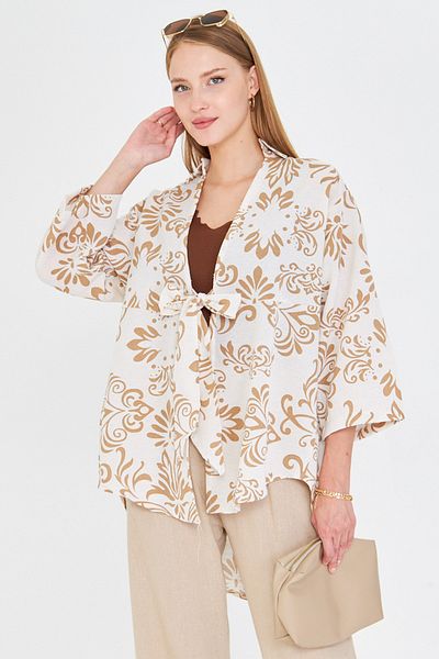 armonika Women's Dark Mink Patterned Linen Look Front Tie Kimono Shirt Arm-24Y001079