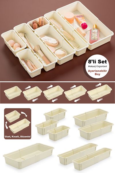 Meleni Home Organizator de machiaj extensibil din 8 piese - Organizator de accesorii pentru bijuterii în sertar modular reglabil
