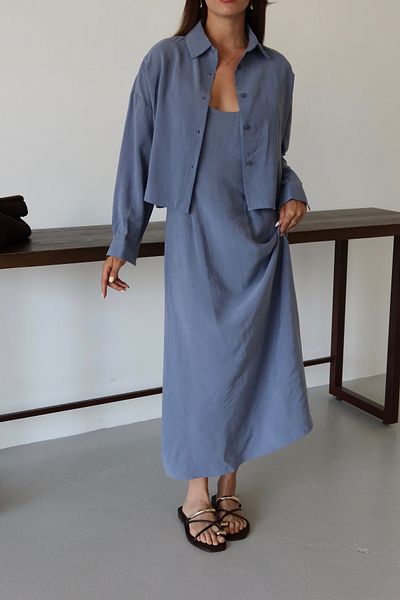 Laluvia Blue - Gray Modal Shirt Dress Suit - 51153