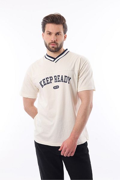 Madmext Ecru V-Neck εμπριμέ κοντομάνικο μπλουζάκι 7039