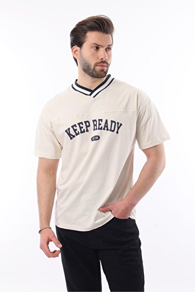 Madmext Ecru V-Neck εμπριμέ κοντομάνικο μπλουζάκι 7039