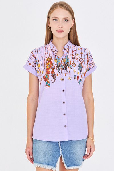 armonika Women's Lilac Judge Collar Short Sleeve Shirt Arm-25Y001040