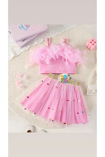 3b kids fusta roz bluză roz cu pene set top set fustă tutu petrecere sărbătoa...