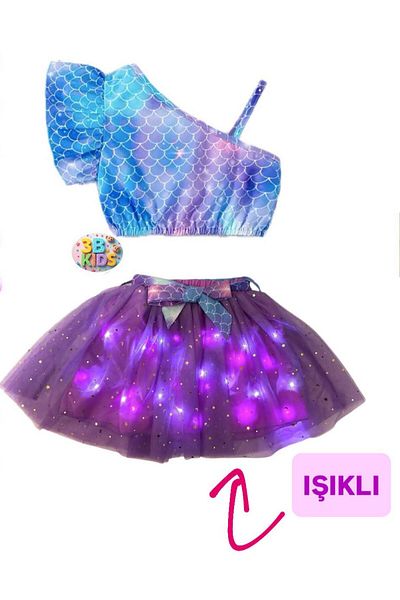 3b kids Purple Mermaid Lighted Skirt Bottom - Mermaid Blouse Top Bustier 2 Piece Set