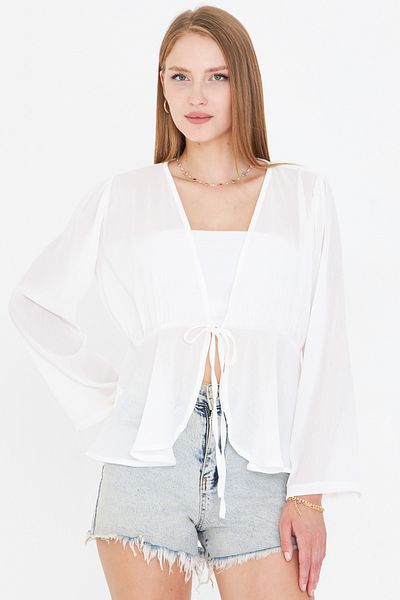armonika Women's White Front Tie Detailed Chiffon Kimono Cardigan Arm-25Y001072